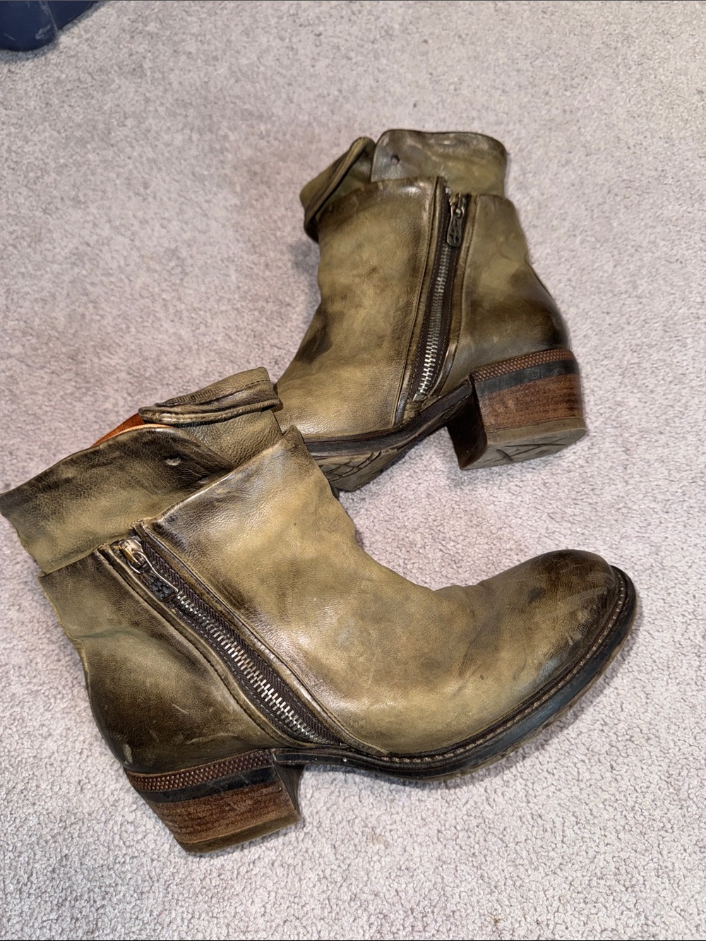 AS 98 Women's Olive Distressed Leather Ankle Boots with Side Zipper